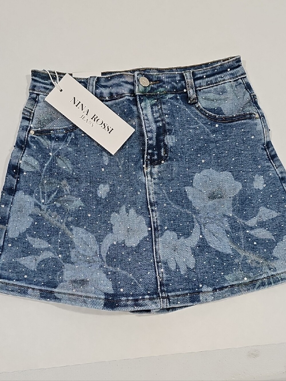 Rina Rossi Denim Mini Skirt with Bleached Floral Print #58